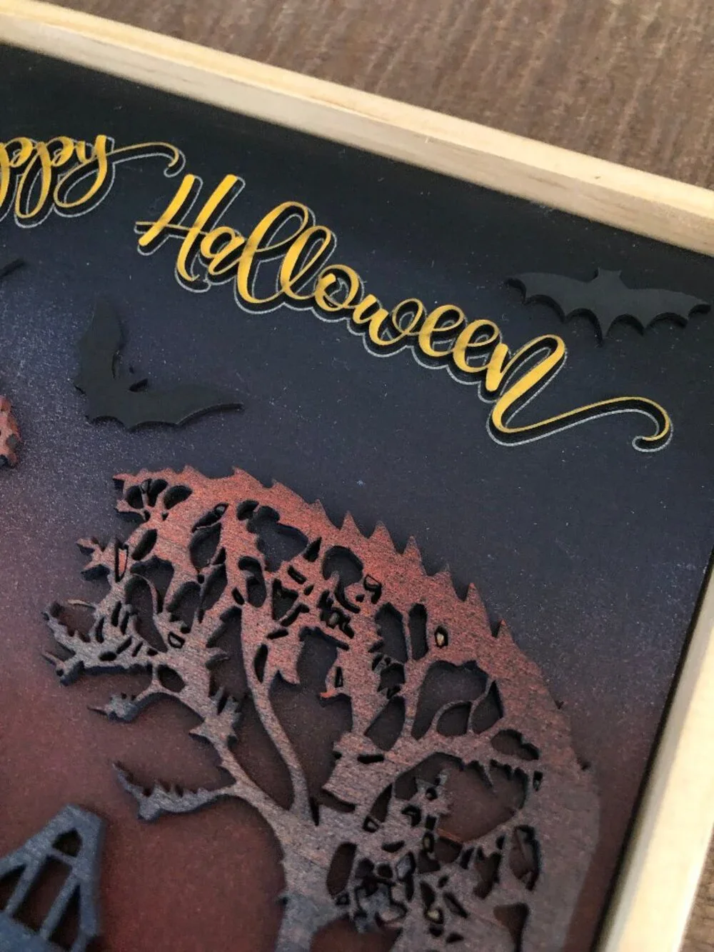 Happy Halloween Hanging Wall Art: Spooky Haunted House, Flying Bats, Handmade